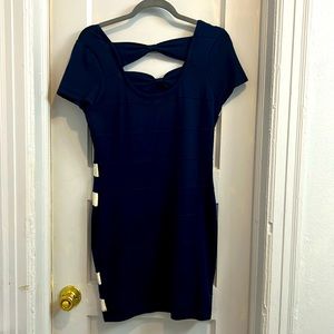 Blue mid length dress.